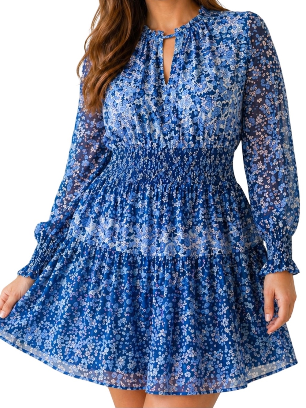 Monique Lhuillier Blue Floral Mini Dress 12 NWT Smocked Waist Tiered Designer